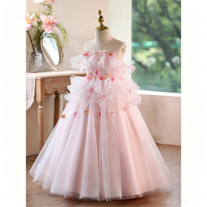 Blush Pink 3D Floral Ruffle Tulle Ball Gown Flower Girl Dress D360