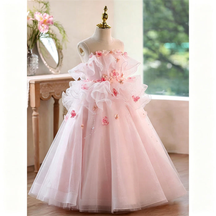 Blush Pink 3D Floral Ruffle Tulle Ball Gown Flower Girl Dress D360