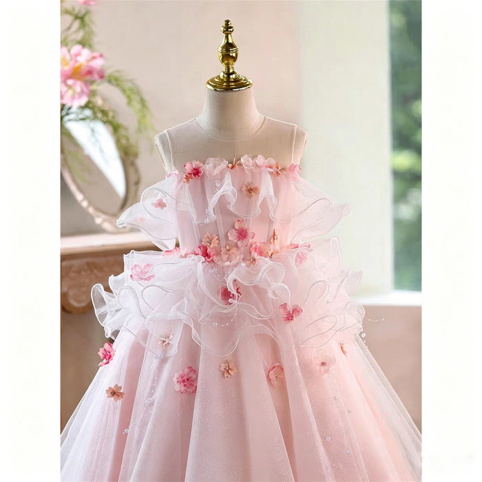 Blush Pink 3D Floral Ruffle Tulle Ball Gown Flower Girl Dress D360
