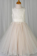 Blush Pink Sleeveless Appliques Long Flower Girl Dress with Bow Tie back Sash