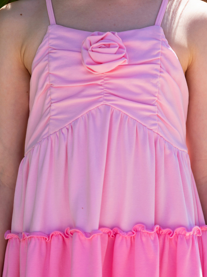 cute girls summer dress pink layered skirt with rosette neckline