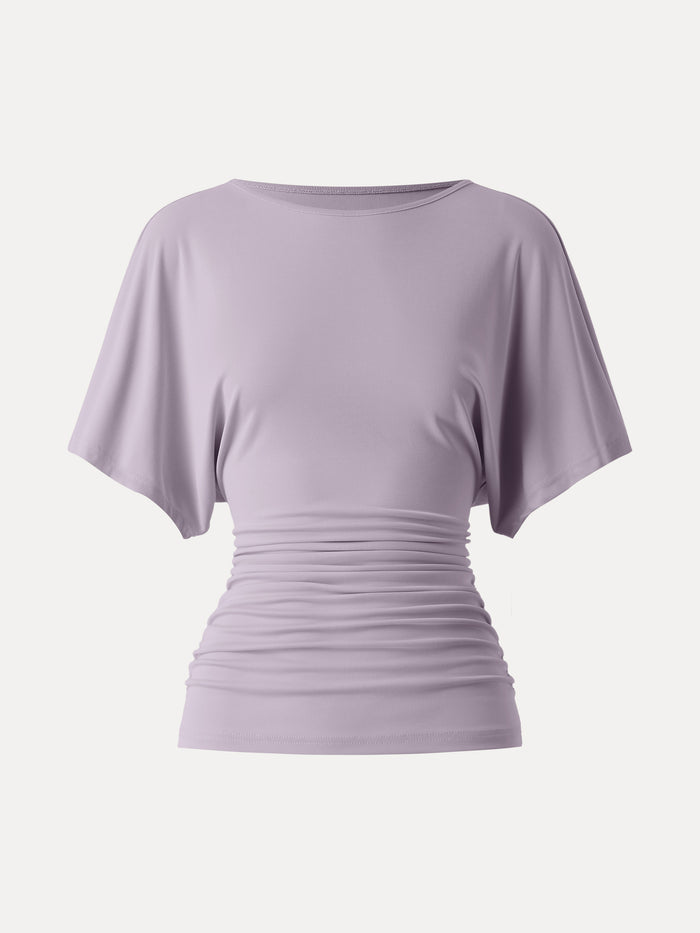 OGLmove Boatneck Batwing Sleeve Side Ruched Top Purple Fog XS