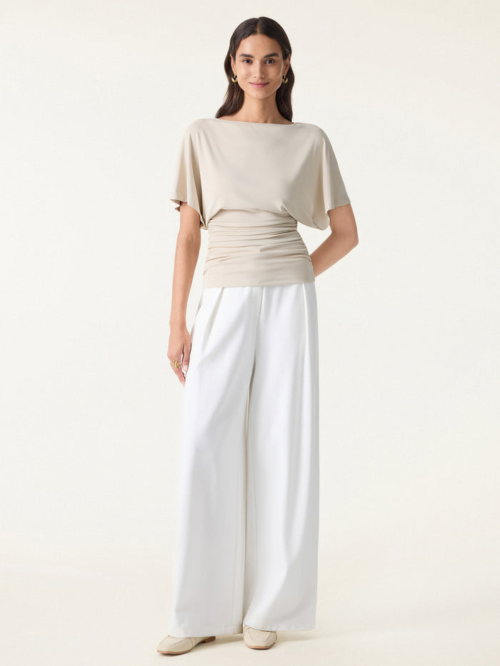 OGLmove 2Pcs Set Boatneck Batwing Sleeve Top & Mid-Rise Wide-Leg Lounge Pants
