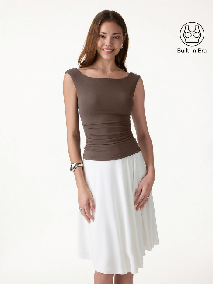 OGLmove Boatneck Low Back Gathered Bra Top Iced Mocha S