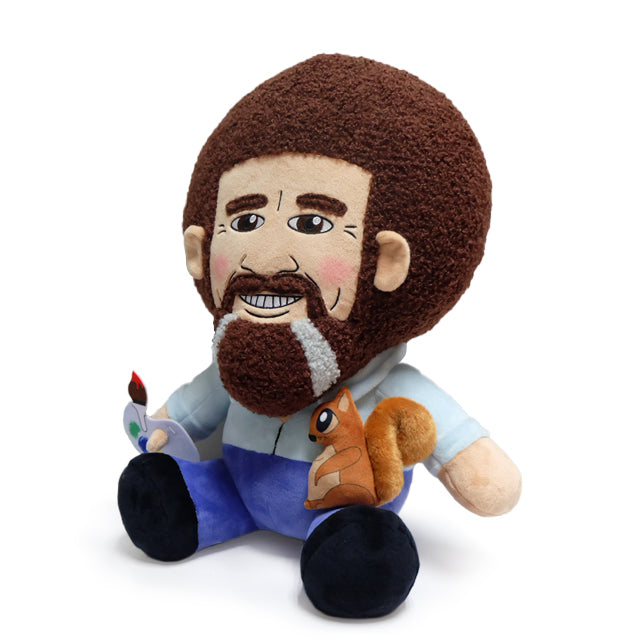 Bob Ross HugMe plush toy featuring Peapod the squirrel, soft and cuddly with detailed embroidery of the iconic painter and adorable squirrel
