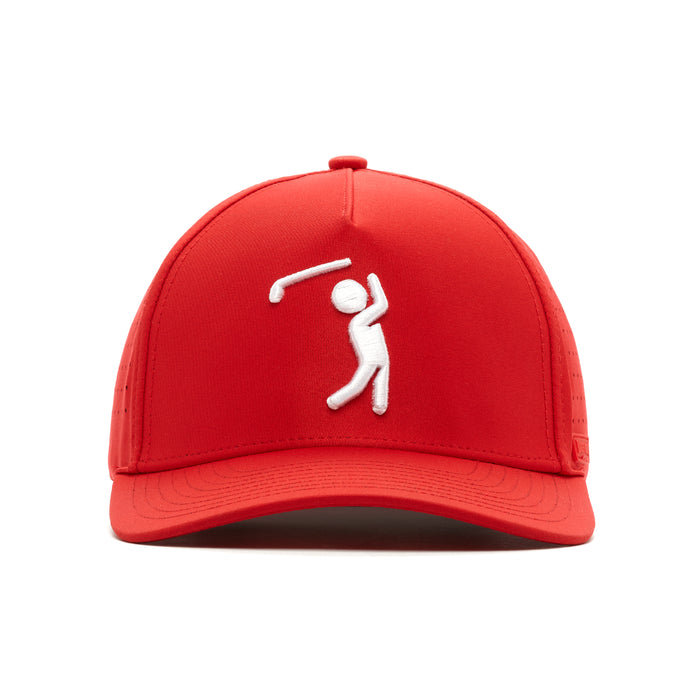 The Bogeyman Red Performance Golf Hat is a bright red snapback cap with structured panels, a curved brim, and white embroidered stick figure swinging a golf club on the front, made from performance material for comfort.