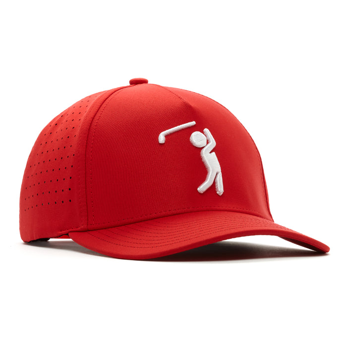The Bogeyman Red Performance Golf Hat is a bright red snapback with side ventilation holes, a curved brim, sweat stain resistant fabric, and a white embroidered stick figure swinging a golf club on the front.
