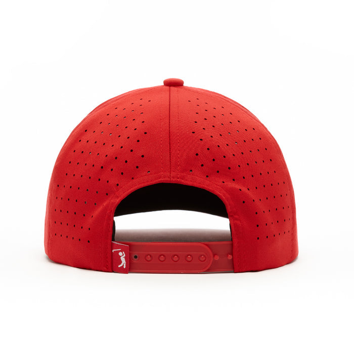 The Bogeyman Red Performance Golf Hat is a red snapback with an adjustable closure, ventilation holes, and sweat stain resistant material. It features a small red tag with a white logo on the left side.