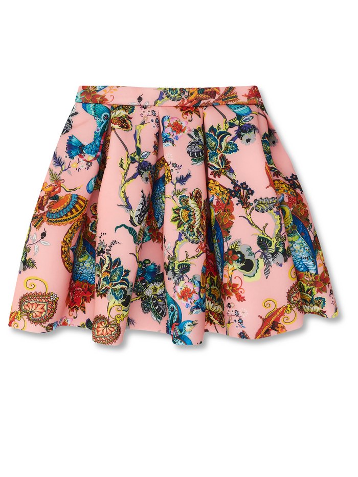 Botanical Owl Coral Neoprene Pleated Skirt by Kids Couture Mia Belle Girls
