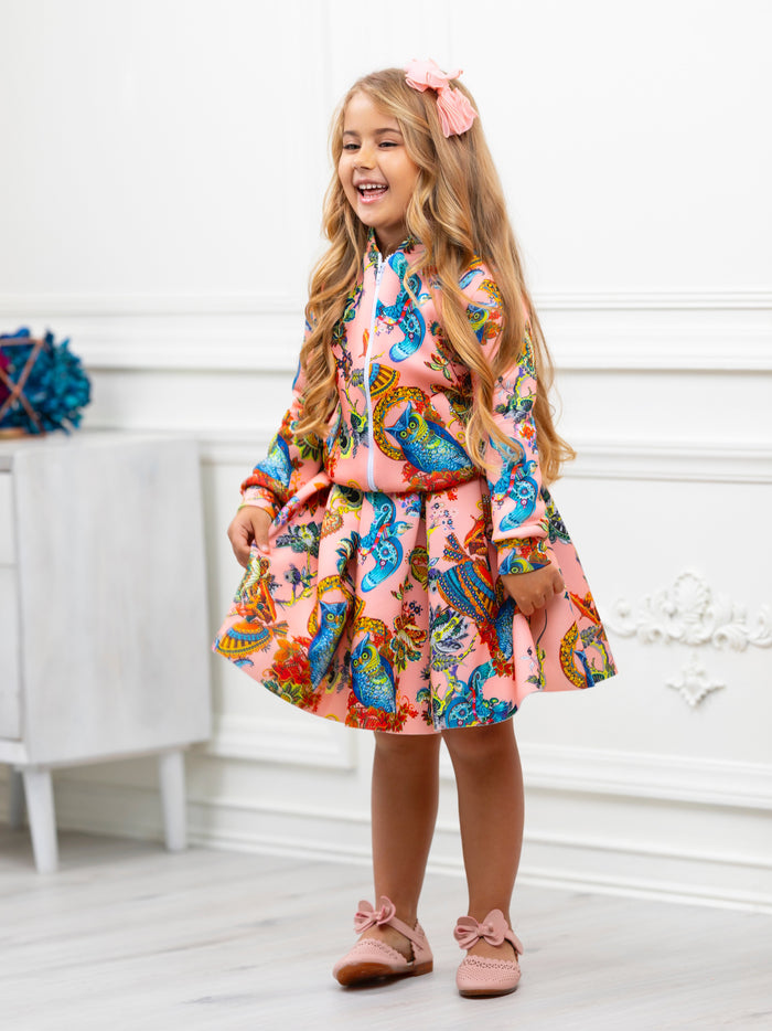 Botanical Owl Coral Neoprene Pleated Skirt by Kids Couture Mia Belle Girls