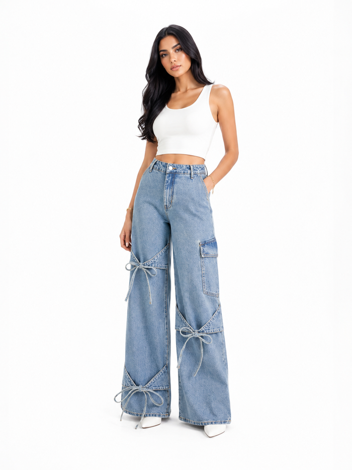 Bow Detail Wide-Leg Denim Jeans - Ribbon