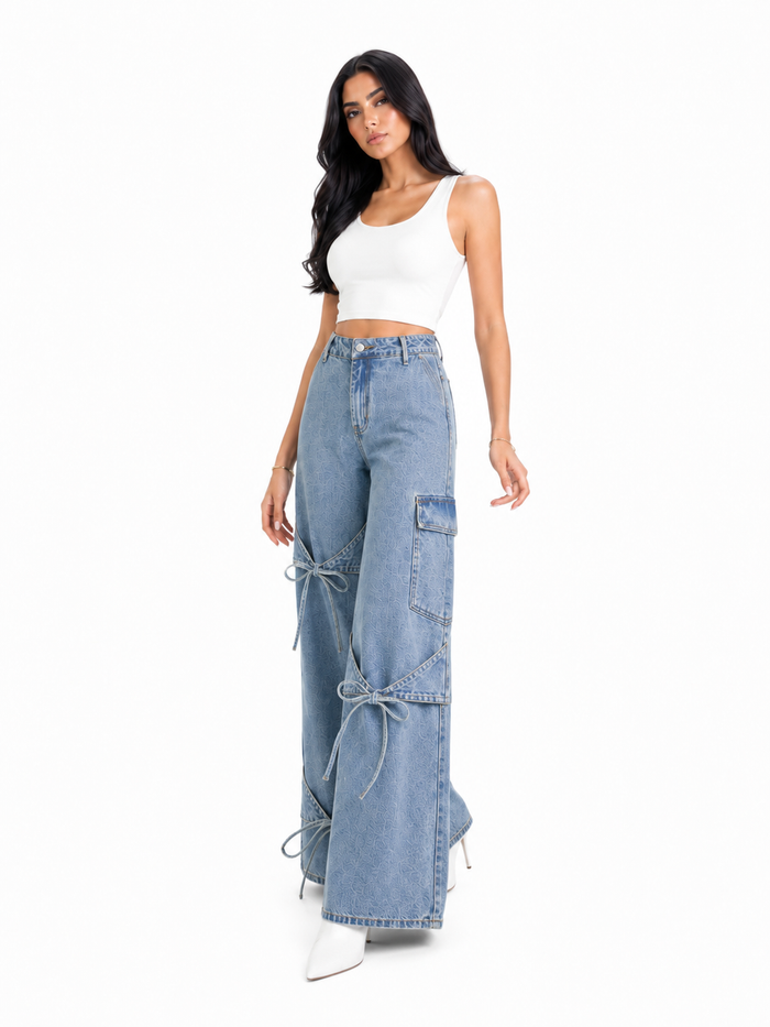 Bow Detail Wide-Leg Denim Jeans - Ribbon