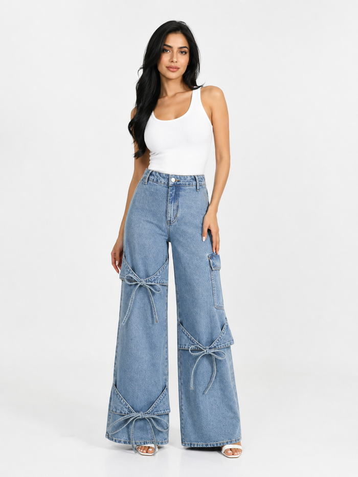 Bow Detail Wide-Leg Denim Jeans - Ribbon