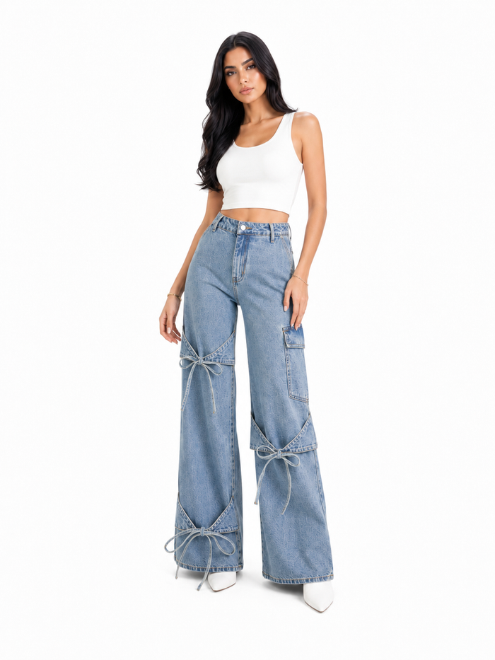 Bow Detail Wide-Leg Denim Jeans - Ribbon