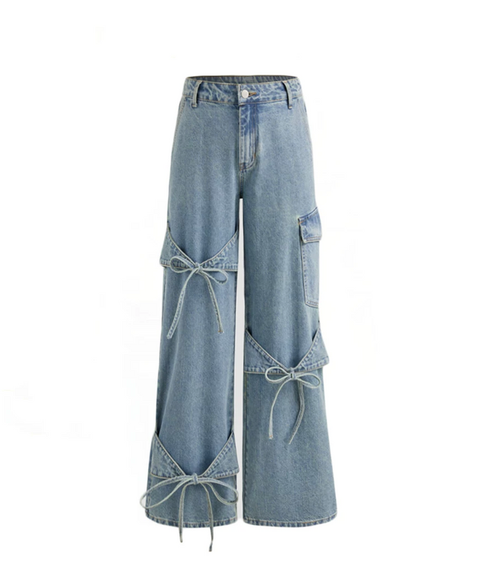 Bow Detail Wide-Leg Denim Jeans - Ribbon
