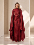 Burgundy Chiffon Maxi Dress – Dramatic Butterfly Sleeves & Ruched Waist