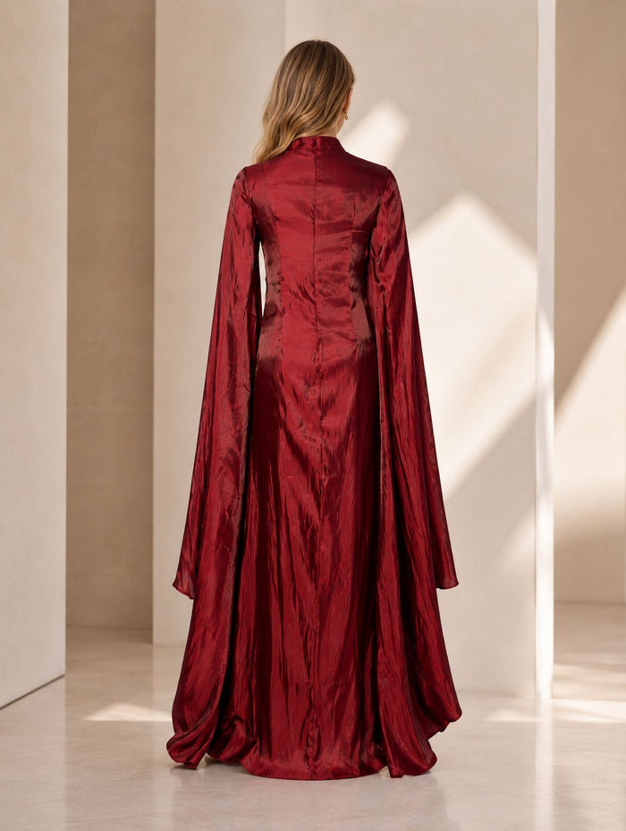 Burgundy Chiffon Maxi Dress – Dramatic Butterfly Sleeves & Ruched Waist