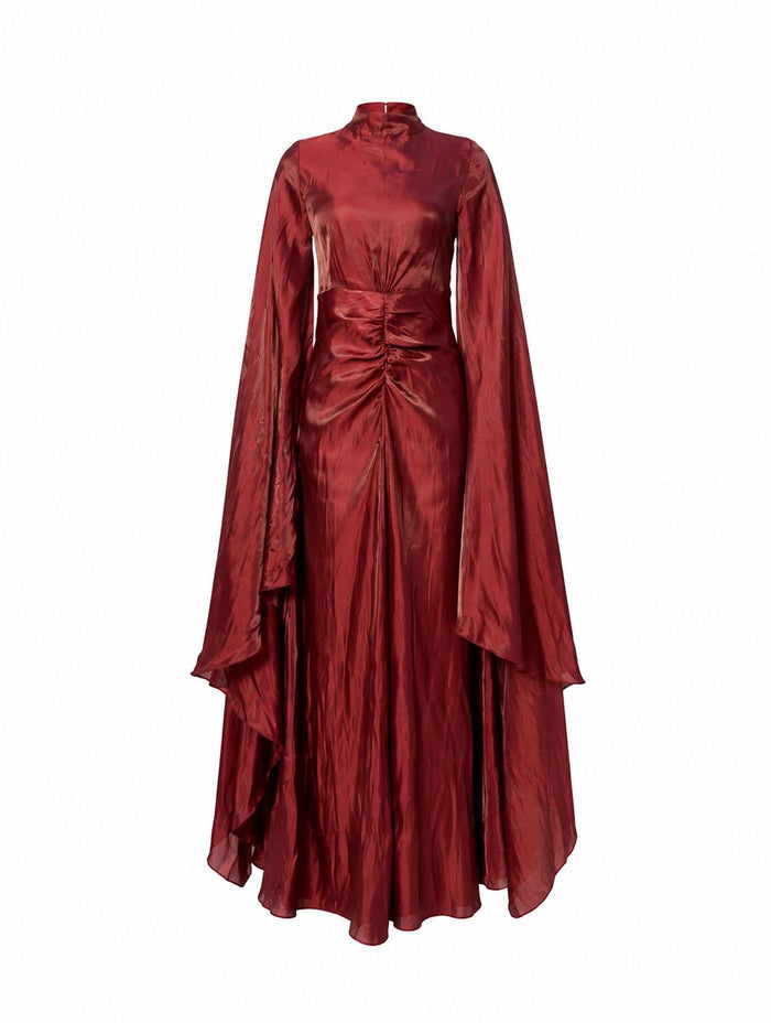 Burgundy Chiffon Maxi Dress – Dramatic Butterfly Sleeves & Ruched Waist