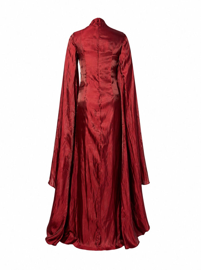 Burgundy Chiffon Maxi Dress – Dramatic Butterfly Sleeves & Ruched Waist