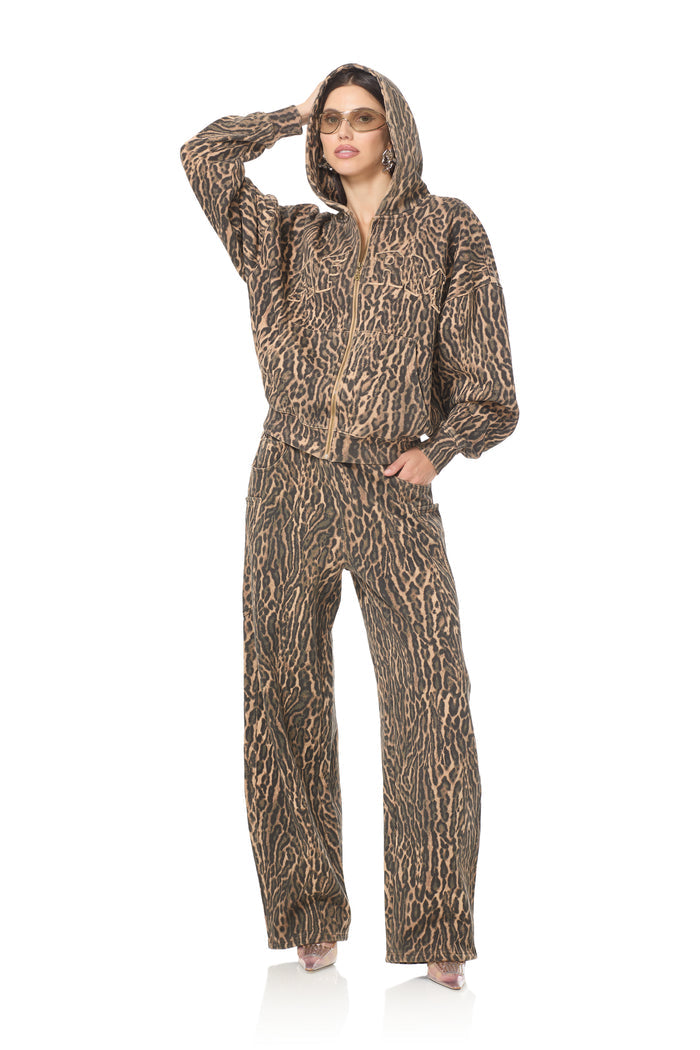 Cameron Zip Up Hoodie - Olive Leopard