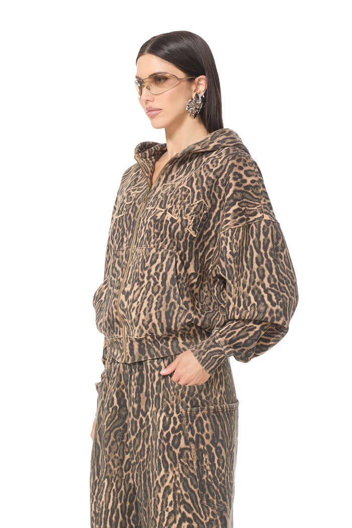 Cameron Zip Up Hoodie - Olive Leopard