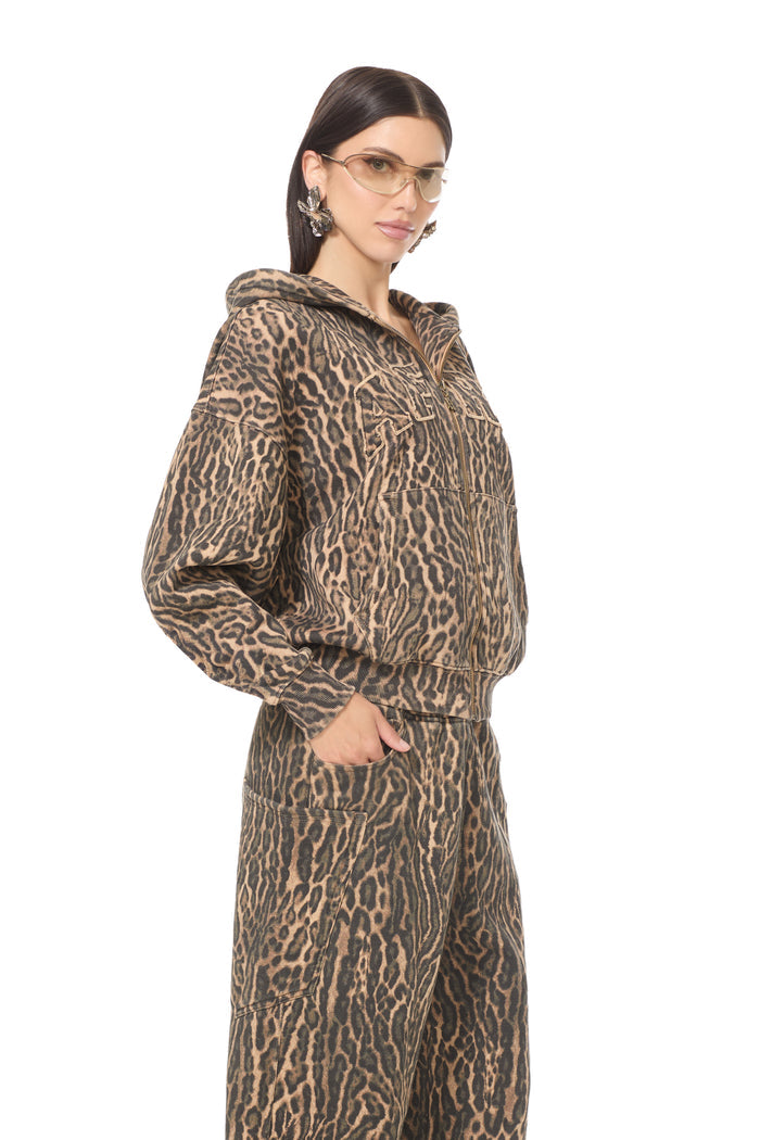Cameron Zip Up Hoodie - Olive Leopard