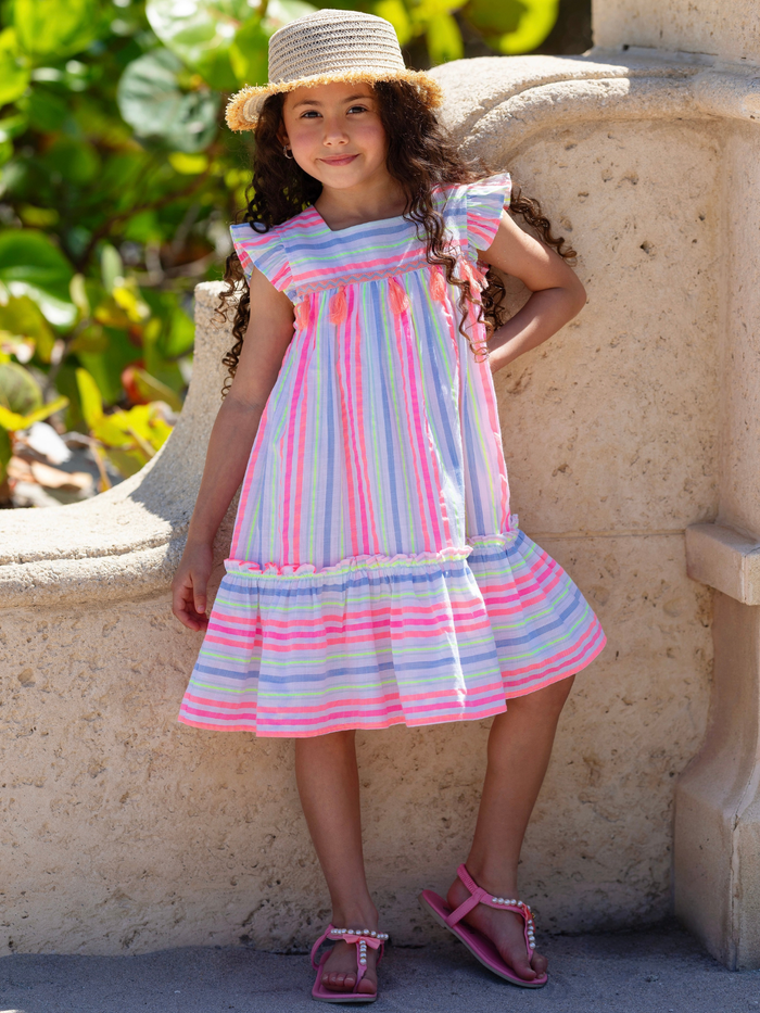 colorful girls vacation dress with tassel neckline detail