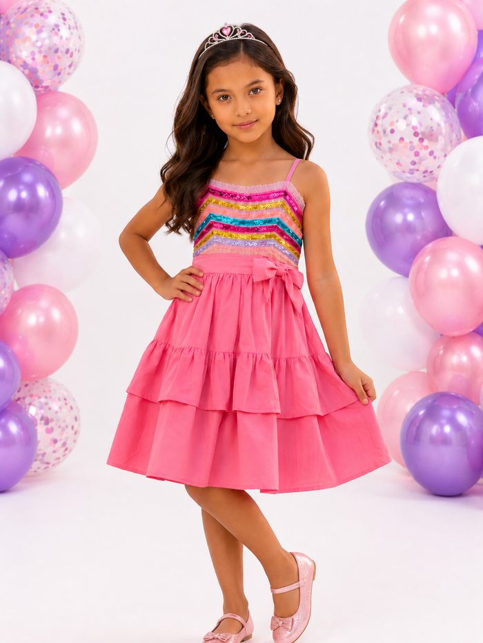 Candy Sparkle Birthday Bow Tiered Cotton Dress Mia Belle Girls