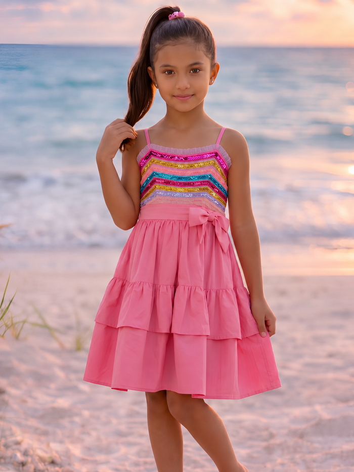 Candy Sparkle Rainbow Sequin Cotton Dress Mia Belle Girls