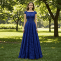 Capped Sleeve Royal Blue Lace Formal Gown Evening Party Dress - Rosymae