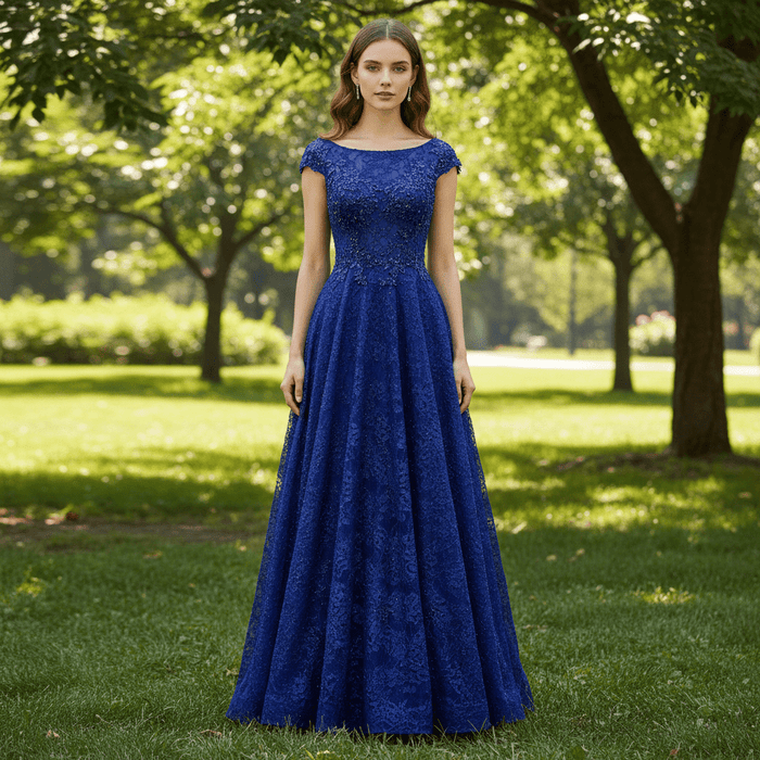 Capped Sleeve Royal Blue Lace Formal Gown Evening Party Dress - Rosymae