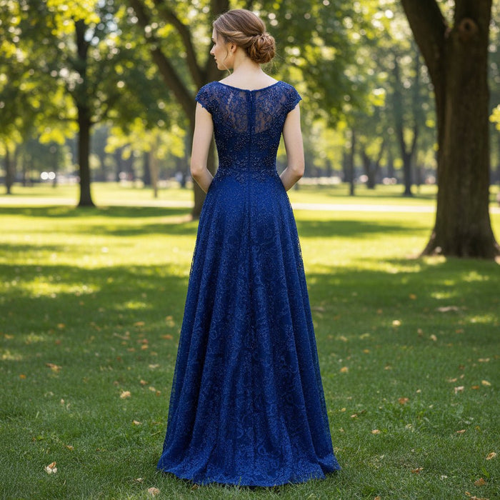 Capped Sleeve Royal Blue Lace Formal Gown Evening Party Dress - Rosymae