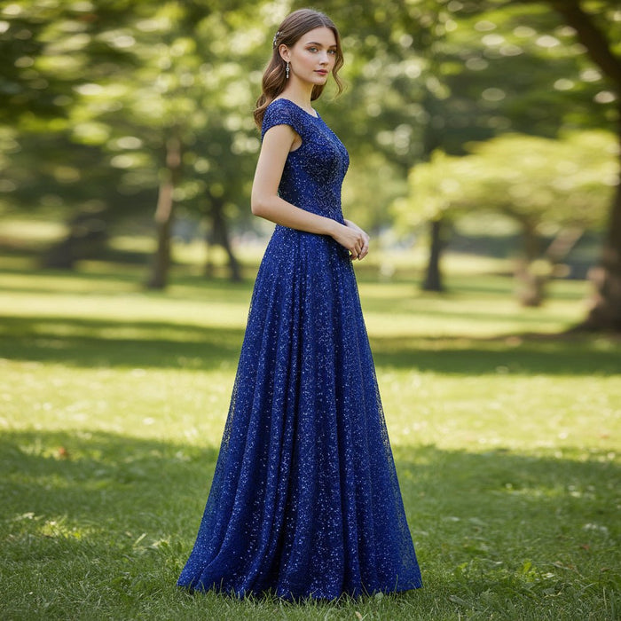 Capped Sleeve Royal Blue Lace Formal Gown Evening Party Dress - Rosymae