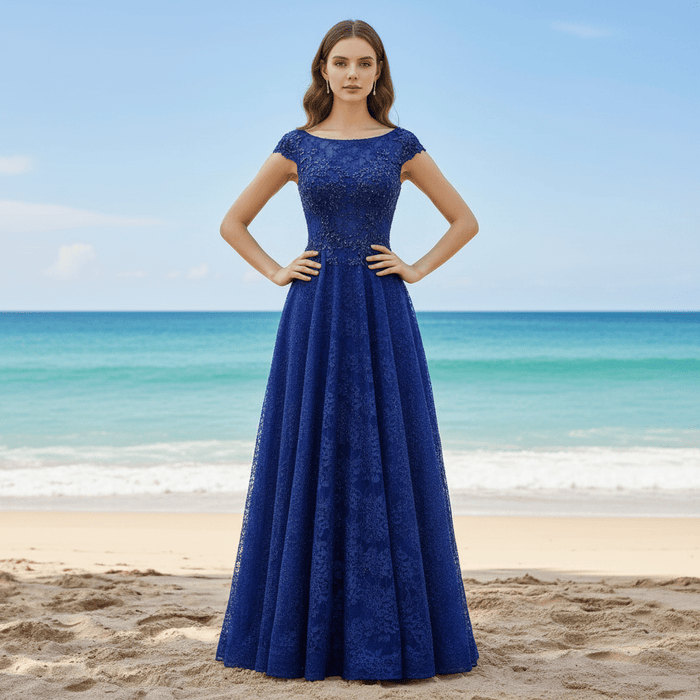 Capped Sleeve Royal Blue Lace Formal Gown Evening Party Dress - Rosymae