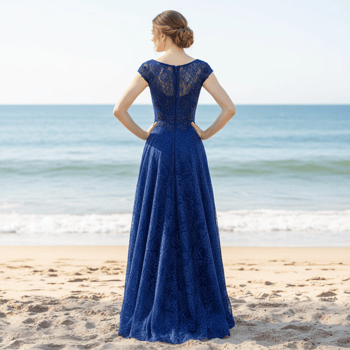 Capped Sleeve Royal Blue Lace Formal Gown Evening Party Dress - Rosymae