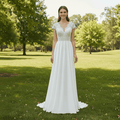 Capped Sleeve Sheath Chiffon Wedding Dress with Sheer Neck & Keyhole - Rosymae