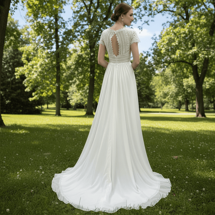 Capped Sleeve Sheath Chiffon Wedding Dress with Sheer Neck & Keyhole - Rosymae
