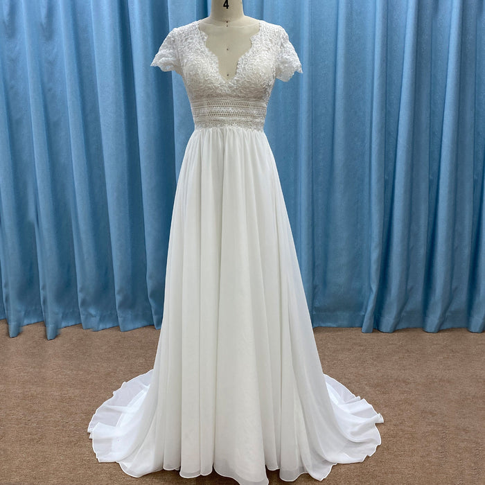 Capped Sleeve Sheath Chiffon Wedding Dress with Sheer Neck & Keyhole - Rosymae
