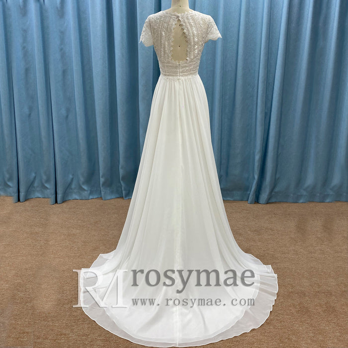 Capped Sleeve Sheath Chiffon Wedding Dress with Sheer Neck & Keyhole - Rosymae