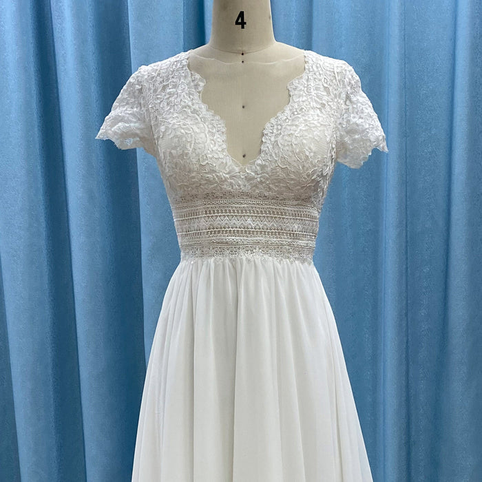 Capped Sleeve Sheath Chiffon Wedding Dress with Sheer Neck & Keyhole - Rosymae