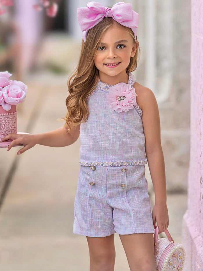 Celebrate With Flair Pastel Halter Tweed Top and Short Set Mia Belle Girls