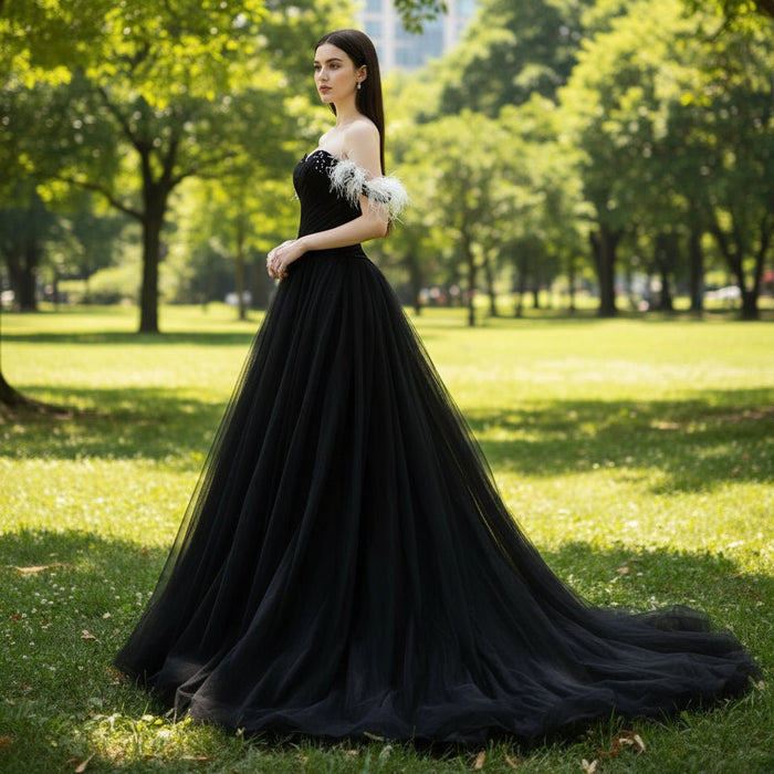 Charming V-neck Black Tulle Bridal Wedding Dress Off the Shoulder - Rosymae
