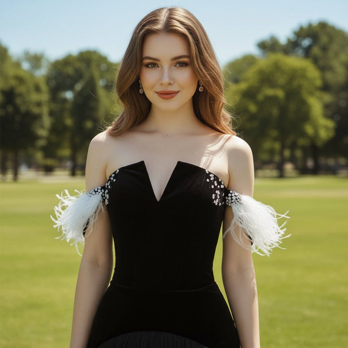 Charming V-neck Black Tulle Bridal Wedding Dress Off the Shoulder - Rosymae