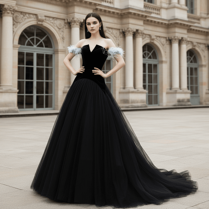 Charming V-neck Black Tulle Bridal Wedding Dress Off the Shoulder - Rosymae