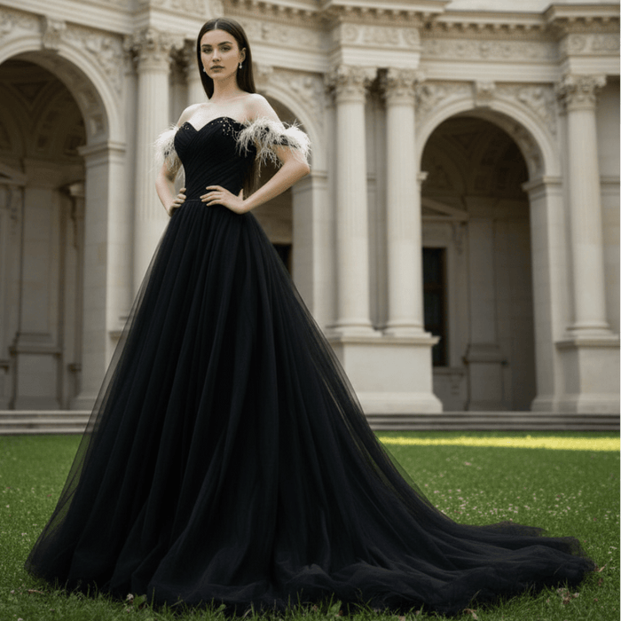 Charming V-neck Black Tulle Bridal Wedding Dress Off the Shoulder - Rosymae