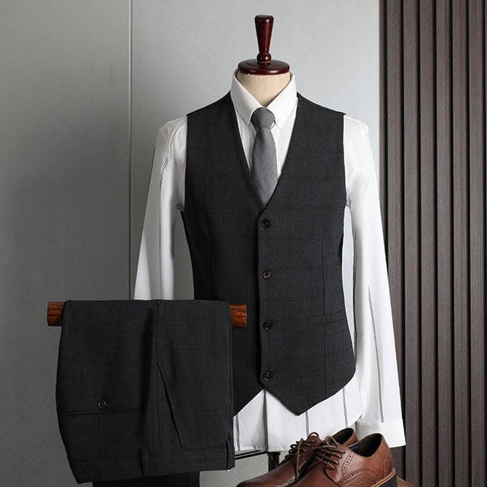 Checkered Men's 3 Piece Korean Slim Fit Professional Business Casual Suit Set - Rosymae