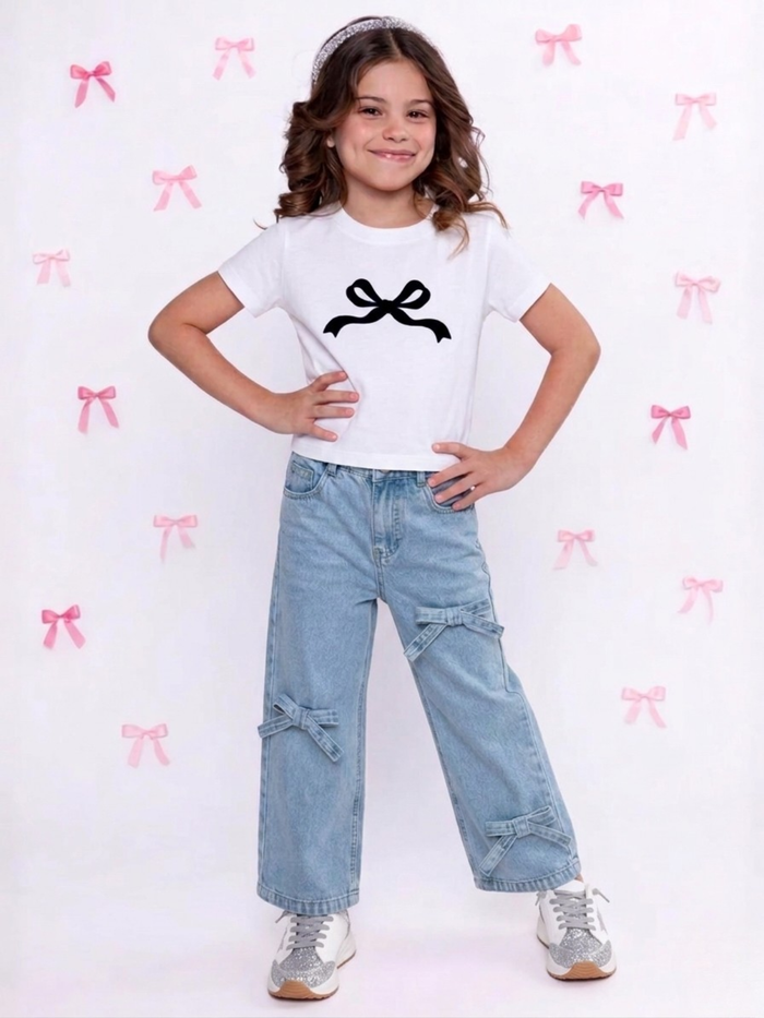 Chic Bow Denim Wide Leg Set Mia Belle Girls