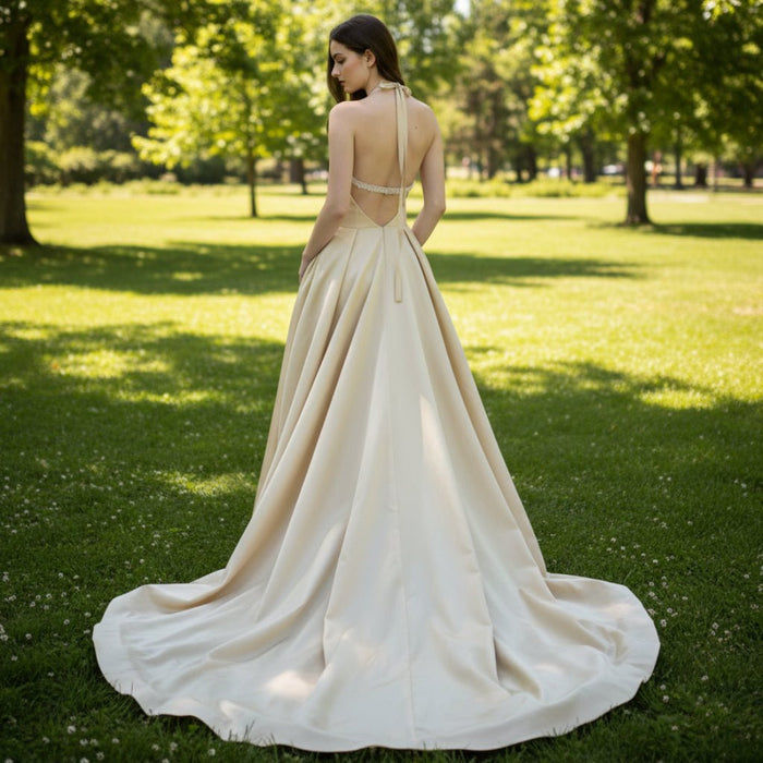 Chic Halter Neck Champagne Informal Wedding Dress with Leg Slit - Rosymae