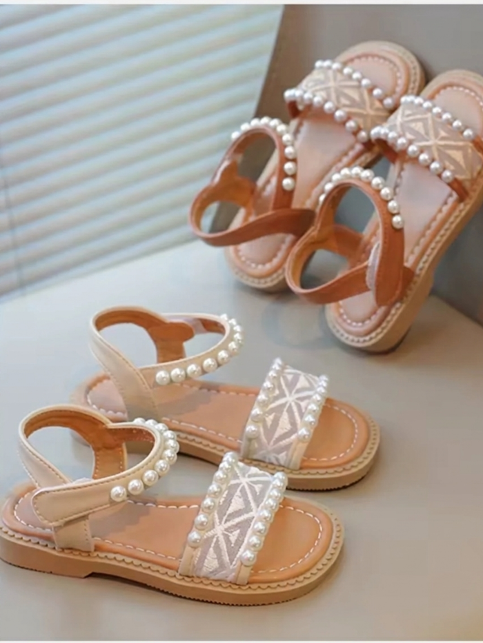 girls pearl lace sandals brown beige summer beach shoes