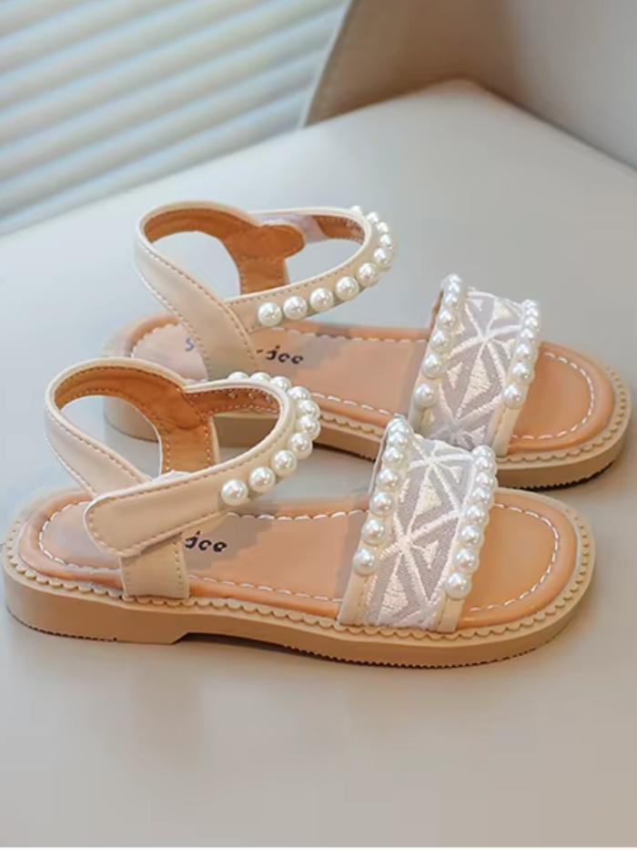 beige girls sandals lace texture pearl embellishment summer shoes